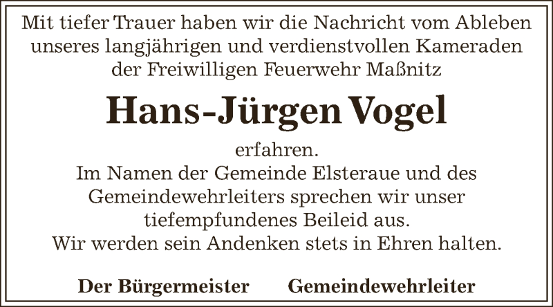  Traueranzeige für Hans-Jürgen Vogel vom 24.02.2018 aus Super Sonntag Zeitz