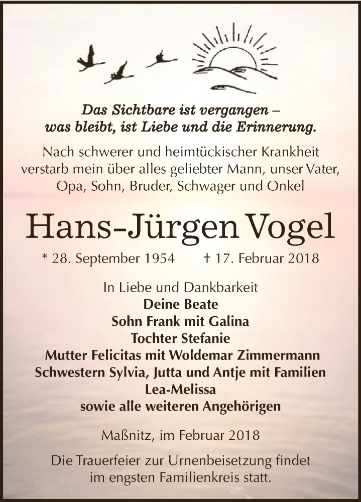 Traueranzeige für Hans-Jürgen Vogel vom 24.02.2018 aus Super Sonntag Zeitz
