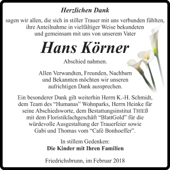 Traueranzeige von Hans Körner von Mitteldeutsche Zeitung Quedlinburg