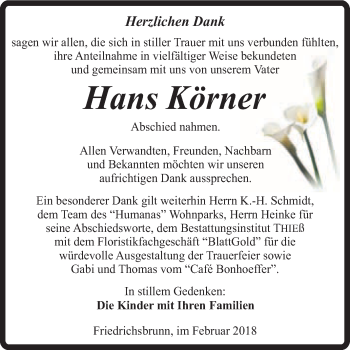 Traueranzeige von Hans Körner von Super Sonntag Quedlinburg