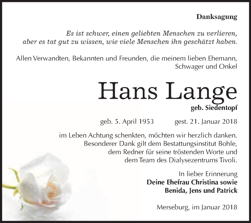  Traueranzeige für Hans Lange vom 10.02.2018 aus WVG - Wochenspiegel Merseburg