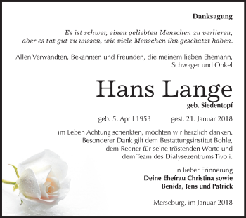 Traueranzeige von Hans Lange von Mitteldeutsche Zeitung Merseburg/Querfurt