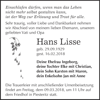 Traueranzeige von Hans Lisse von Super Sonntag Wittenberg