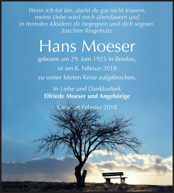 Traueranzeige von Hans Moeser von Mitteldeutsche Zeitung