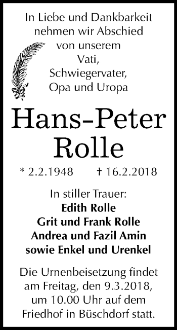 Traueranzeige von Hans-Peter Rolle von Mitteldeutsche Zeitung Halle/Saalkreis