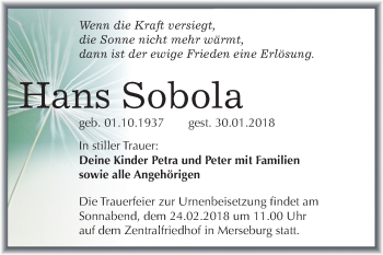 Traueranzeige von Hans Sobola von Mitteldeutsche Zeitung Merseburg/Querfurt