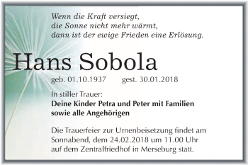 Traueranzeige von Hans Sobola von WVG - Wochenspiegel Merseburg