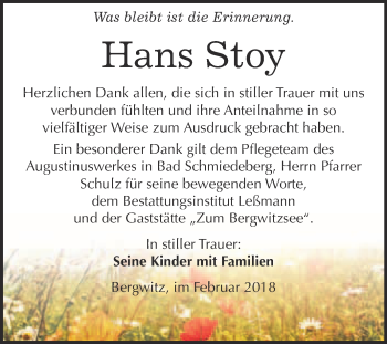 Traueranzeige von Hans Stoy von WVG - Wochenspiegel Wittenberg
