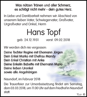 Traueranzeige von Hans Topf von WVG - Wochenspiegel NMB / WSF / ZTZ