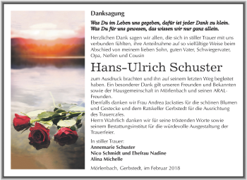 Traueranzeige von Hans-Ulrich Schuster von Wochenspiegel Mansfelder Land
