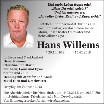 Traueranzeige von Hans Willems von Mitteldeutsche Zeitung Zeitz