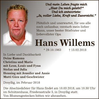 Traueranzeige von Hans Willems von Super Sonntag Zeitz