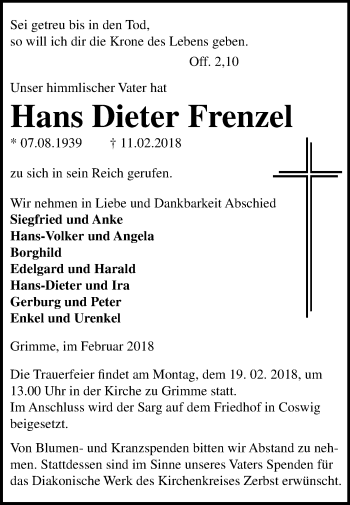 Traueranzeige von Hans Dieter Frenzel von Mitteldeutsche Zeitung