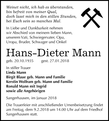 Traueranzeige von Hans Dieter Mann von Mitteldeutsche Zeitung Sangerhausen