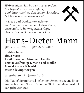 Traueranzeige von Hans Dieter Mann von Super Sonntag SGH Mansf. Land