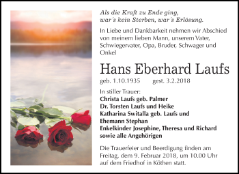 Traueranzeige von Hans Eberhard Laufs von WVG - Wochenspiegel Dessau / Köthen
