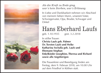 Traueranzeige von Hans Eberhard Laufs von Mitteldeutsche Zeitung Köthen