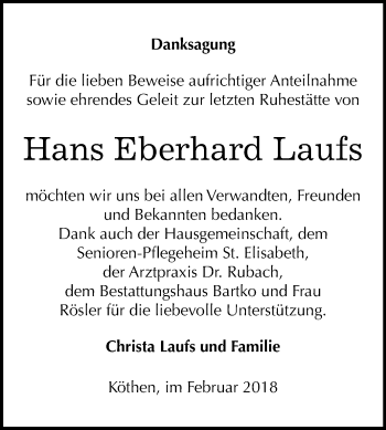 Traueranzeige von Hans Eberhard Laufs von Mitteldeutsche Zeitung Köthen