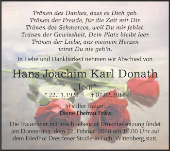 Traueranzeige von Hans Joachim Karl Donath von Super Sonntag Wittenberg