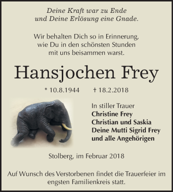 Traueranzeige von Hansjochen Frey von Mitteldeutsche Zeitung