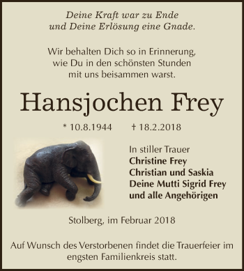 Traueranzeige von Hansjochen Frey von Super Sonntag SGH Mansf. Land