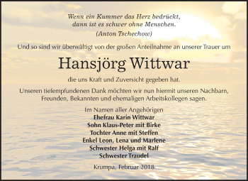 Traueranzeige von Hansjörg Wittwar von Mitteldeutsche Zeitung Merseburg/Querfurt