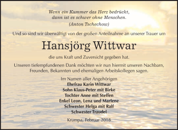 Traueranzeige von Hansjörg Wittwar von WVG - Wochenspiegel Merseburg