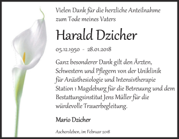 Traueranzeige von Harald Dzicher von Super Sonntag Aschersleben