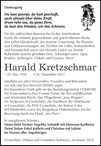 Traueranzeige von Harald Kretzschmar von WVG - Wochenspiegel NMB / WSF / ZTZ