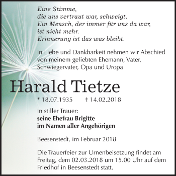 Traueranzeige von Harald Tietze von Mitteldeutsche Zeitung Halle/Saalkreis