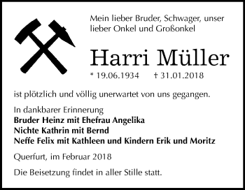 Traueranzeige von Harri Müller von WVG - Wochenspiegel Merseburg