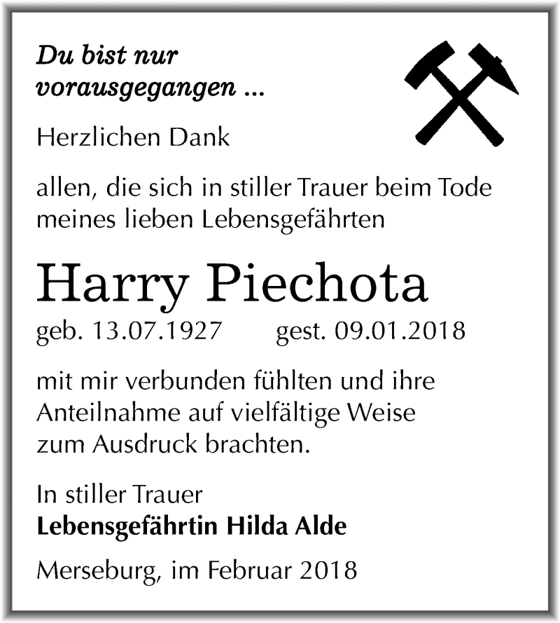  Traueranzeige für Harry Piechota vom 17.02.2018 aus Mitteldeutsche Zeitung