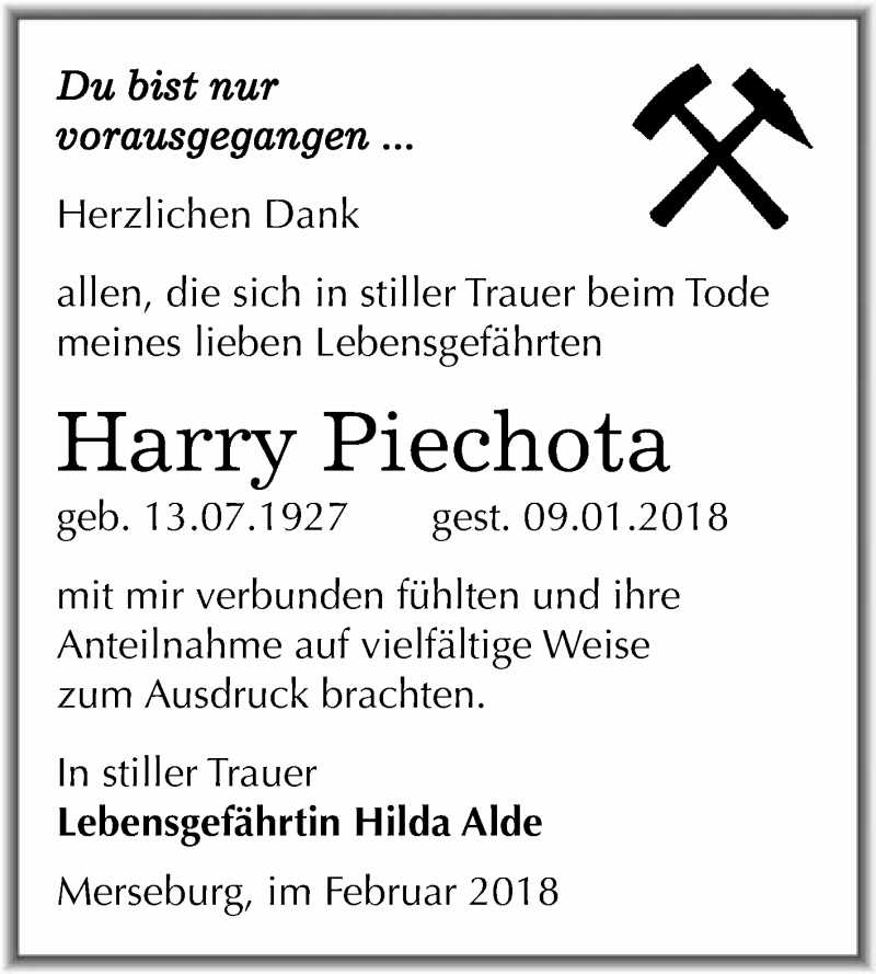  Traueranzeige für Harry Piechota vom 17.02.2018 aus WVG - Wochenspiegel Merseburg