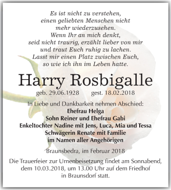 Traueranzeige von Harry Rosbigalle von Mitteldeutsche Zeitung Merseburg/Querfurt
