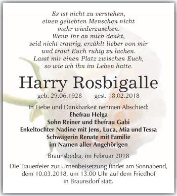 Traueranzeige von Harry Rosbigalle von WVG - Wochenspiegel Merseburg