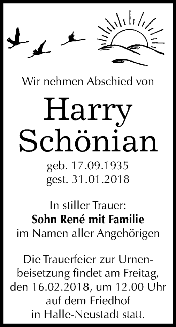 Traueranzeige von Harry Schönian von Mitteldeutsche Zeitung Halle/Saalkreis