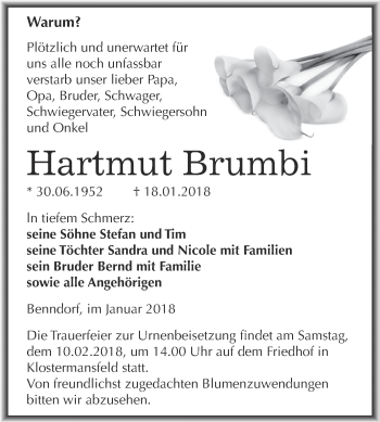 Traueranzeige von Hartmut Brumbi von Wochenspiegel Mansfelder Land