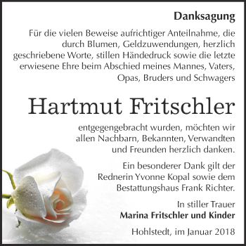 Traueranzeige von Hartmut Fritschler von Super Sonntag SGH Mansf. Land