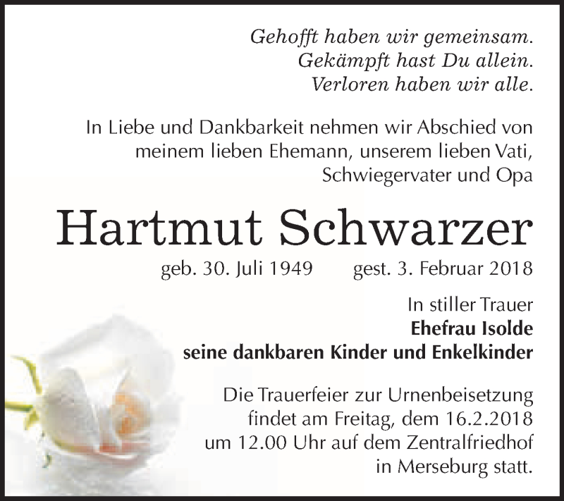  Traueranzeige für Hartmut Schwarzer vom 10.02.2018 aus WVG - Wochenspiegel Merseburg