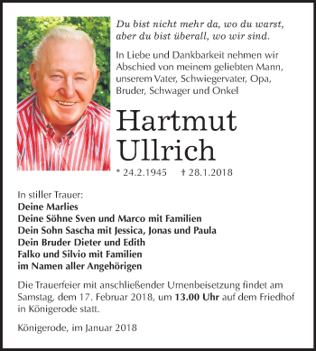 Traueranzeige von Hartmut Ullrich von Mitteldeutsche Zeitung Quedlinburg