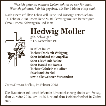Traueranzeige von Hedwig Moller von WVG - Wochenspiegel Dessau / Köthen