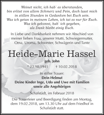 Traueranzeige von Heide-Marie Hassel von WVG - Wochenspiegel Merseburg