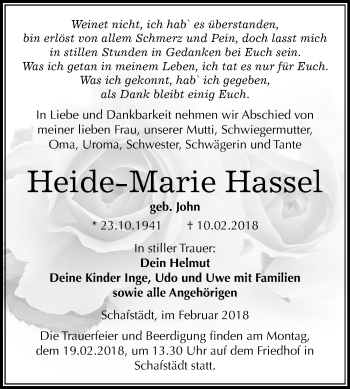 Traueranzeige von Heide-Marie Hassel von Mitteldeutsche Zeitung Merseburg/Querfurt