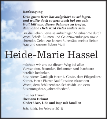 Traueranzeige von Heide-Marie Hassel von Mitteldeutsche Zeitung Merseburg/Querfurt