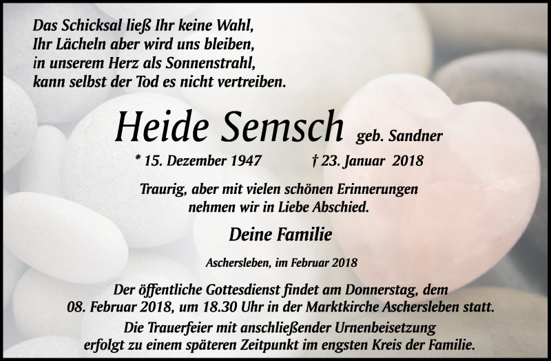  Traueranzeige für Heide Semsch vom 03.02.2018 aus WVG - Wochenspiegel Quedlinburg