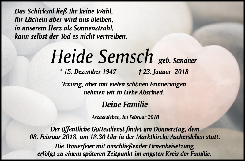  Traueranzeige für Heide Semsch vom 03.02.2018 aus Mitteldeutsche Zeitung Aschersleben