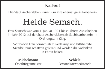 Traueranzeige von Heide Semsch von Super Sonntag Aschersleben