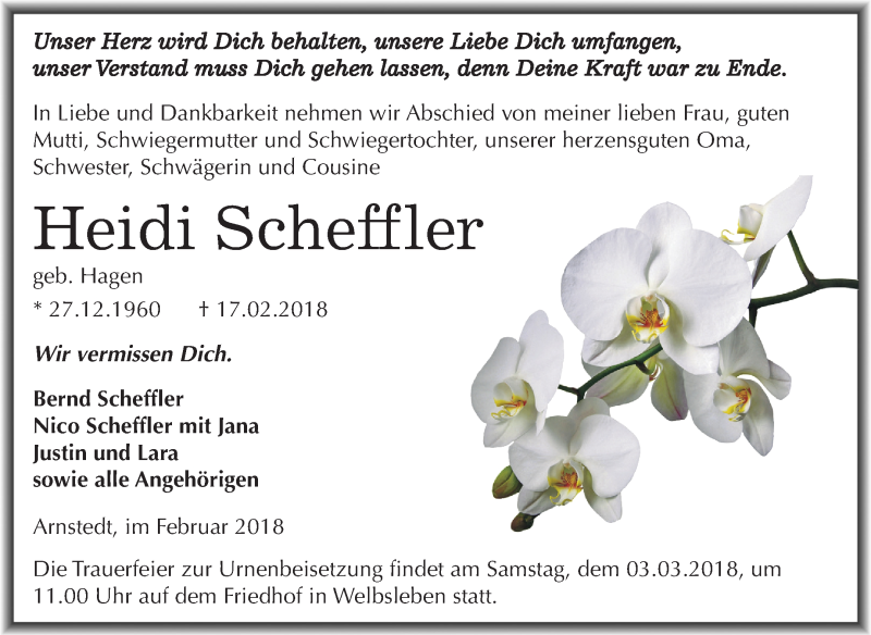  Traueranzeige für Heidi Scheffler vom 21.02.2018 aus Mitteldeutsche Zeitung