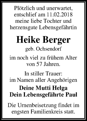 Traueranzeige von Heike Berger von Mitteldeutsche Zeitung Dessau-Roßlau