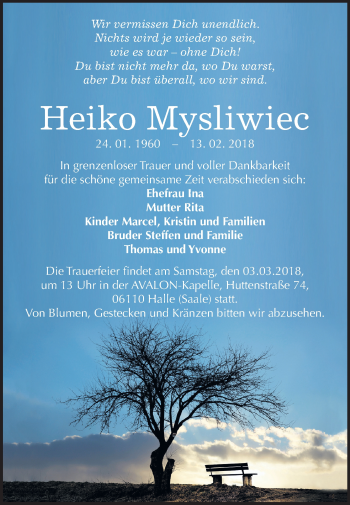 Traueranzeige von Heiko Mysliwiec von Mitteldeutsche Zeitung Halle/Saalkreis